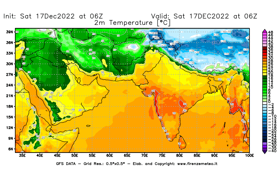 Mappa di analisi GFS - Temperatura a 2 metri dal suolo [°C] in Asia Sud-Occidentale
							del 17/12/2022 06 <!--googleoff: index-->UTC<!--googleon: index-->