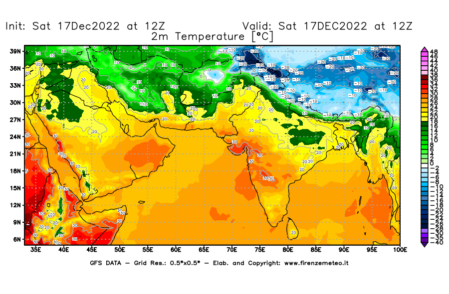 Mappa di analisi GFS - Temperatura a 2 metri dal suolo [°C] in Asia Sud-Occidentale
							del 17/12/2022 12 <!--googleoff: index-->UTC<!--googleon: index-->