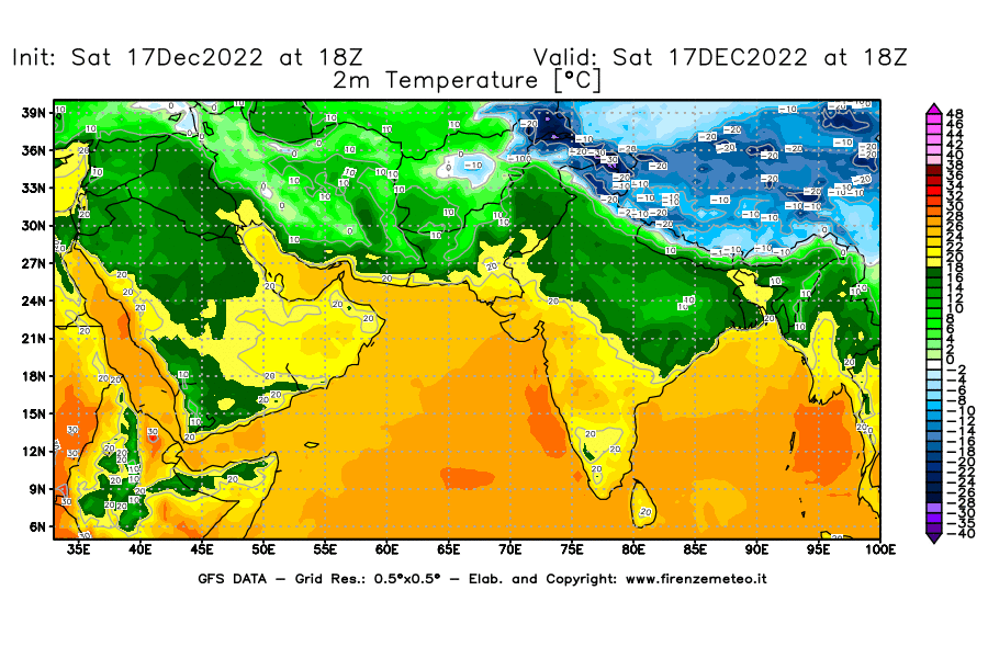 Mappa di analisi GFS - Temperatura a 2 metri dal suolo [°C] in Asia Sud-Occidentale
							del 17/12/2022 18 <!--googleoff: index-->UTC<!--googleon: index-->
