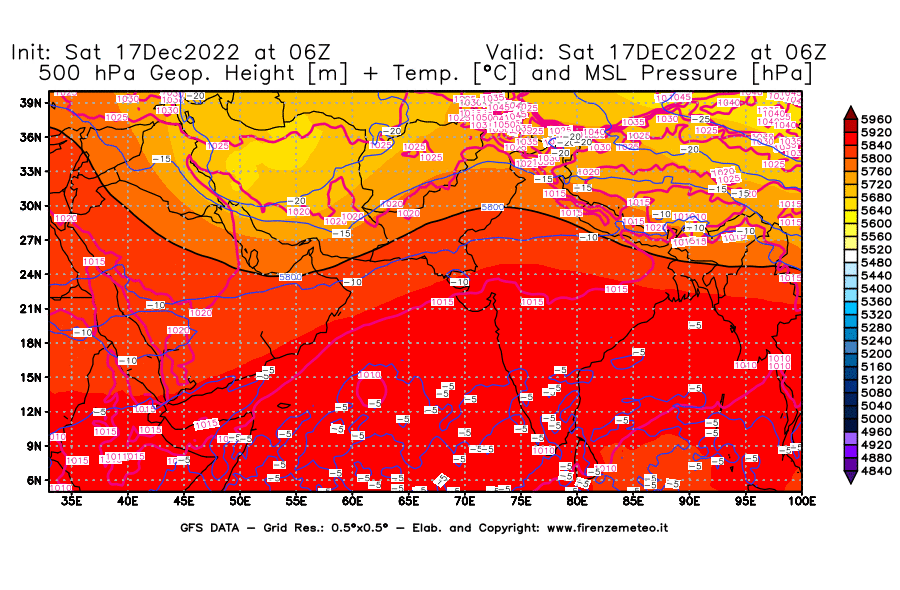 Mappa di analisi GFS - Geopotenziale [m] + Temp. [°C] a 500 hPa + Press. a livello del mare [hPa] in Asia Sud-Occidentale
							del 17/12/2022 06 <!--googleoff: index-->UTC<!--googleon: index-->