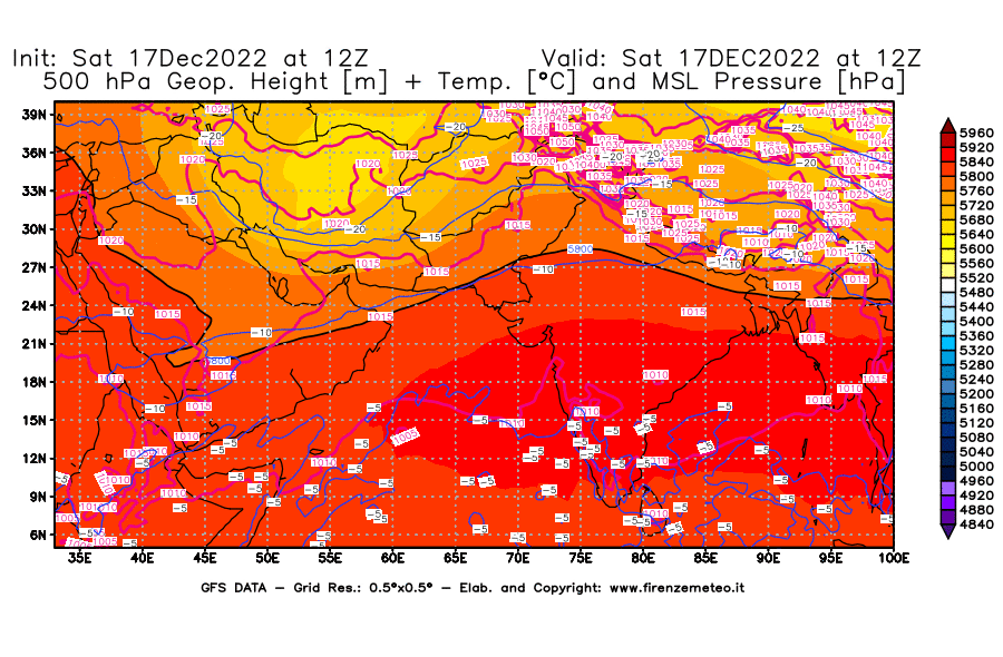Mappa di analisi GFS - Geopotenziale [m] + Temp. [°C] a 500 hPa + Press. a livello del mare [hPa] in Asia Sud-Occidentale
							del 17/12/2022 12 <!--googleoff: index-->UTC<!--googleon: index-->