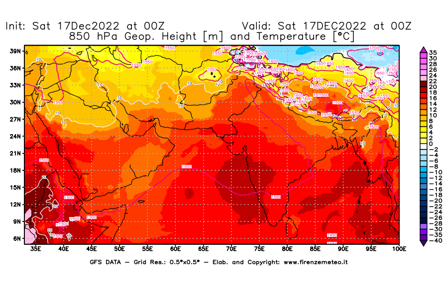 Mappa di analisi GFS - Geopotenziale [m] e Temperatura [°C] a 850 hPa in Asia Sud-Occidentale
							del 17/12/2022 00 <!--googleoff: index-->UTC<!--googleon: index-->