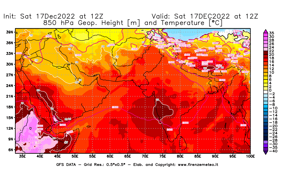 Mappa di analisi GFS - Geopotenziale [m] e Temperatura [°C] a 850 hPa in Asia Sud-Occidentale
							del 17/12/2022 12 <!--googleoff: index-->UTC<!--googleon: index-->