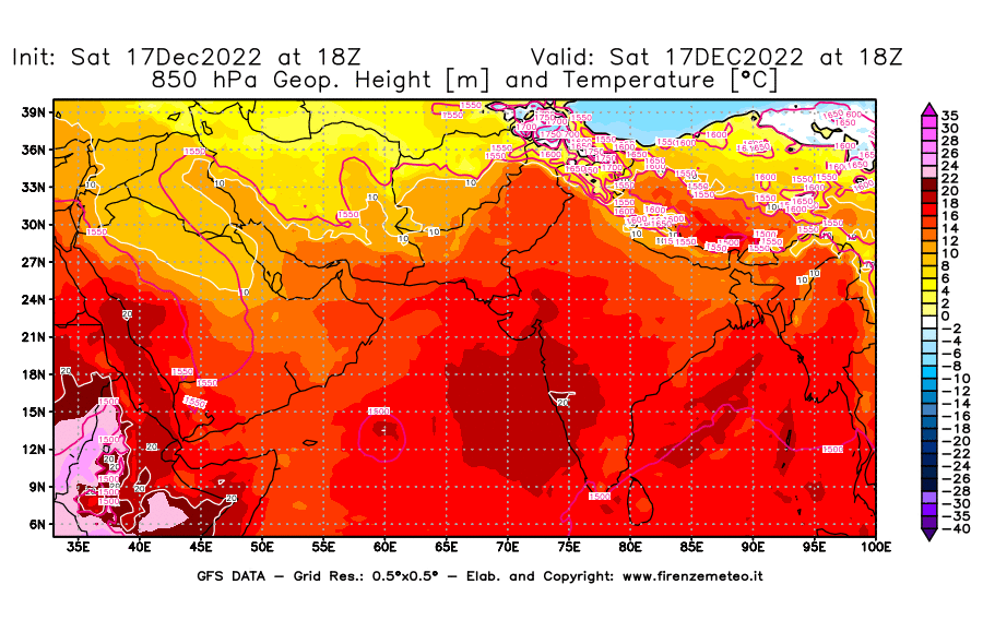 Mappa di analisi GFS - Geopotenziale [m] e Temperatura [°C] a 850 hPa in Asia Sud-Occidentale
							del 17/12/2022 18 <!--googleoff: index-->UTC<!--googleon: index-->