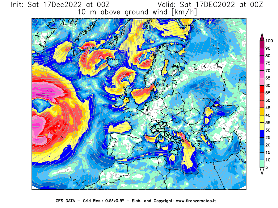 Mappa di analisi GFS - Velocità del vento a 10 metri dal suolo [km/h] in Europa
							del 17/12/2022 00 <!--googleoff: index-->UTC<!--googleon: index-->