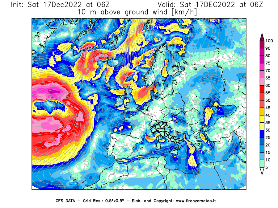 Mappa di analisi GFS - Velocità del vento a 10 metri dal suolo [km/h] in Europa
							del 17/12/2022 06 <!--googleoff: index-->UTC<!--googleon: index-->