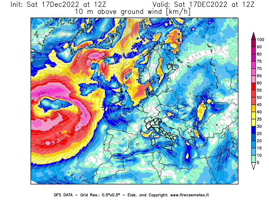 Mappa di analisi GFS - Velocità del vento a 10 metri dal suolo [km/h] in Europa
							del 17/12/2022 12 <!--googleoff: index-->UTC<!--googleon: index-->