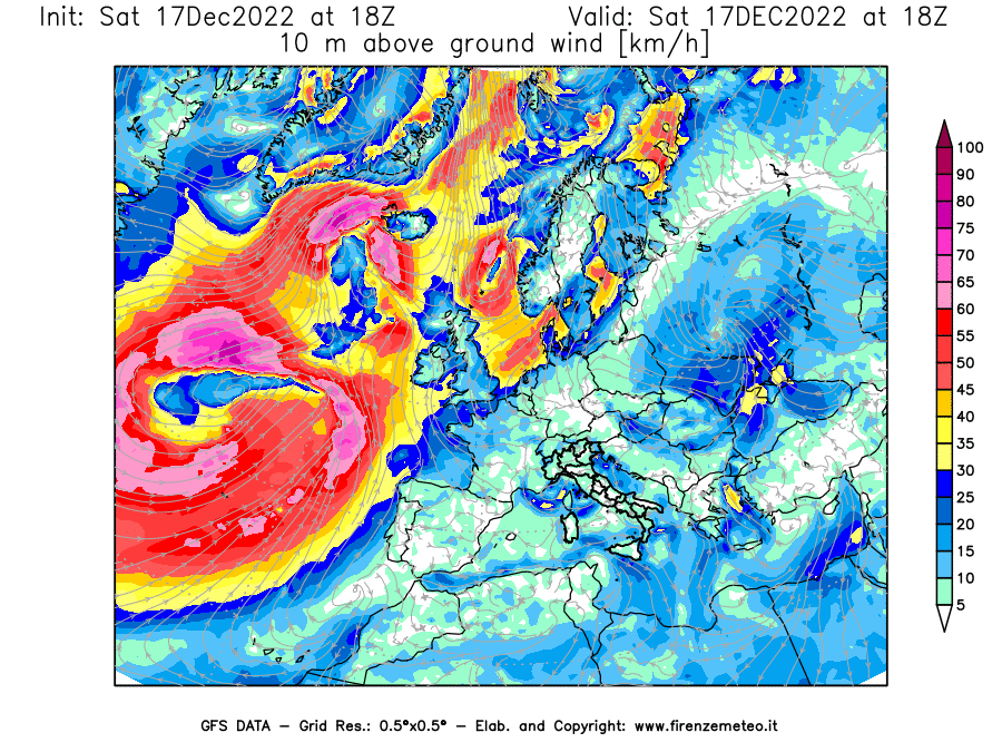 Mappa di analisi GFS - Velocità del vento a 10 metri dal suolo [km/h] in Europa
							del 17/12/2022 18 <!--googleoff: index-->UTC<!--googleon: index-->