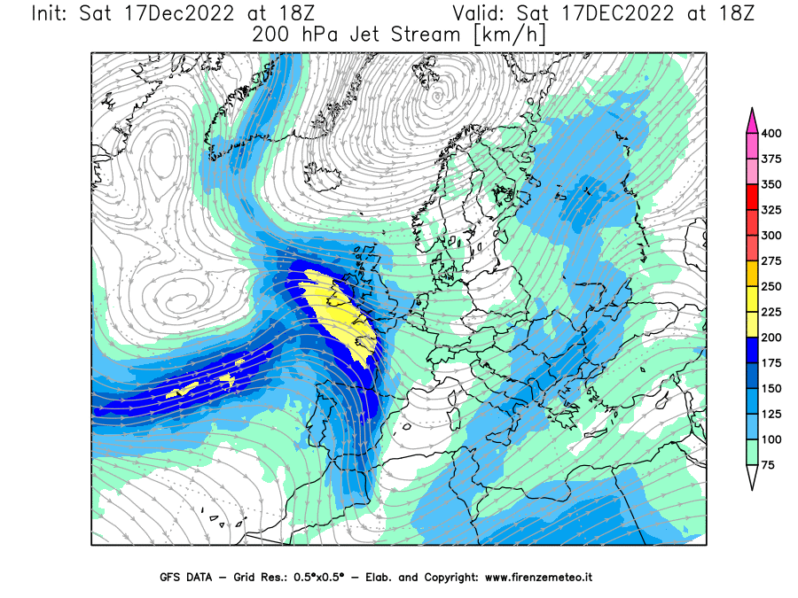 Mappa di analisi GFS - Jet Stream a 200 hPa in Europa
							del 17/12/2022 18 <!--googleoff: index-->UTC<!--googleon: index-->