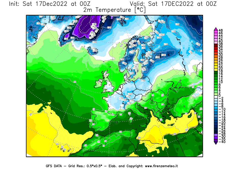 Mappa di analisi GFS - Temperatura a 2 metri dal suolo [°C] in Europa
							del 17/12/2022 00 <!--googleoff: index-->UTC<!--googleon: index-->
