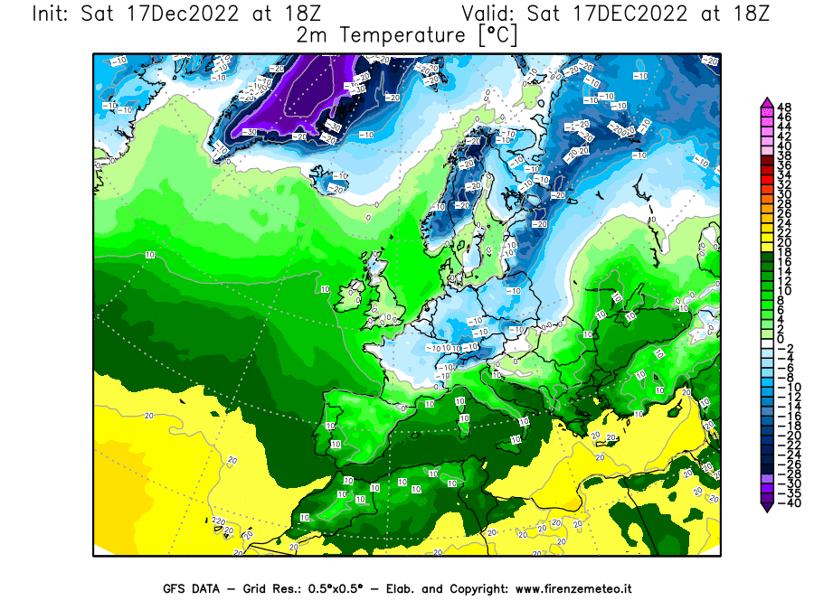 Mappa di analisi GFS - Temperatura a 2 metri dal suolo [°C] in Europa
							del 17/12/2022 18 <!--googleoff: index-->UTC<!--googleon: index-->
