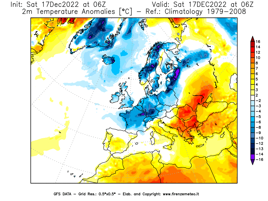 Mappa di analisi GFS - Anomalia Temperatura [°C] a 2 m in Europa
							del 17/12/2022 06 <!--googleoff: index-->UTC<!--googleon: index-->