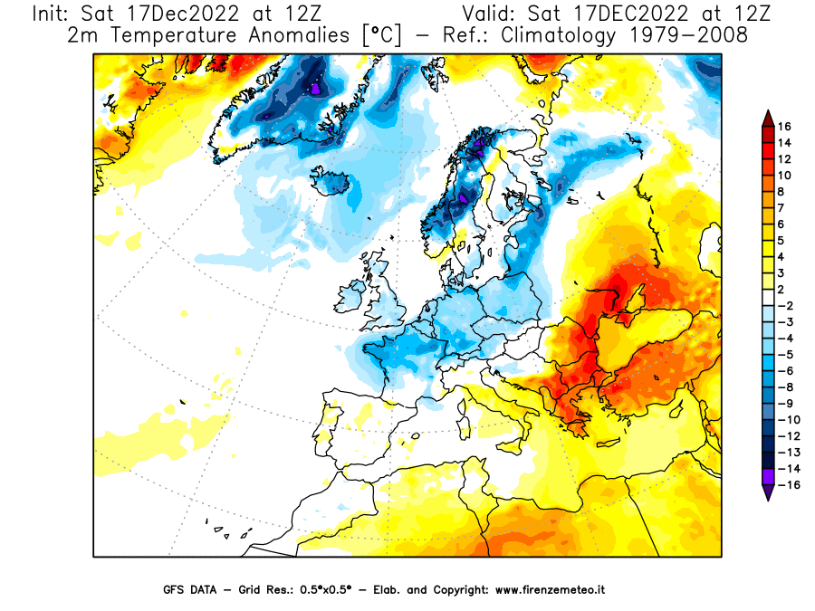 Mappa di analisi GFS - Anomalia Temperatura [°C] a 2 m in Europa
							del 17/12/2022 12 <!--googleoff: index-->UTC<!--googleon: index-->