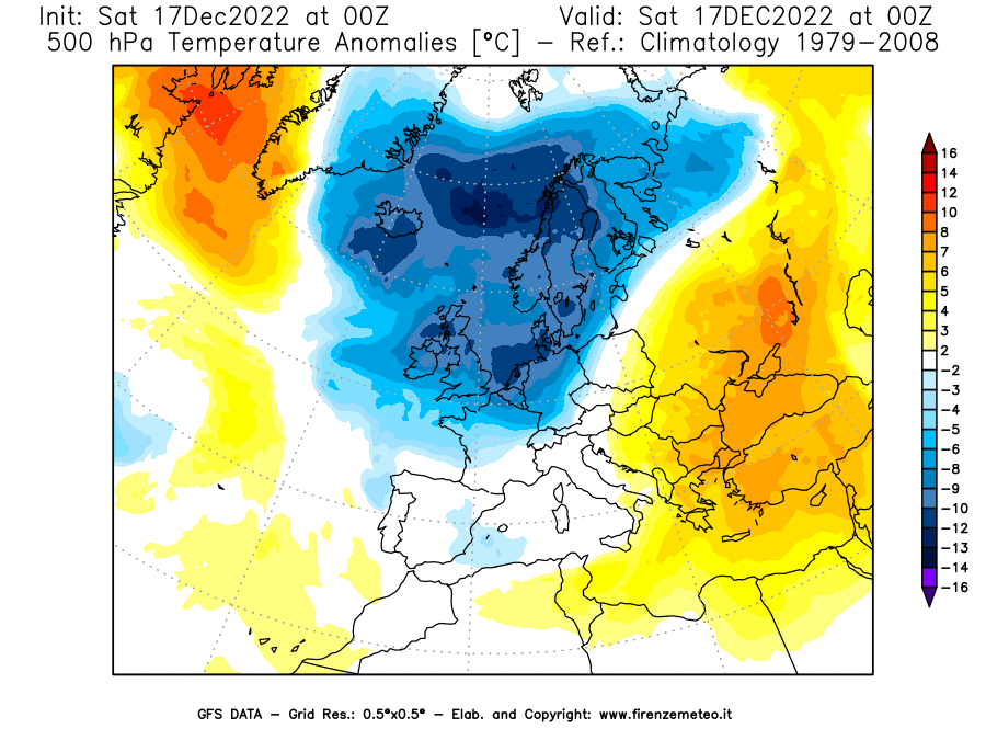 Mappa di analisi GFS - Anomalia Temperatura [°C] a 500 hPa in Europa
							del 17/12/2022 00 <!--googleoff: index-->UTC<!--googleon: index-->