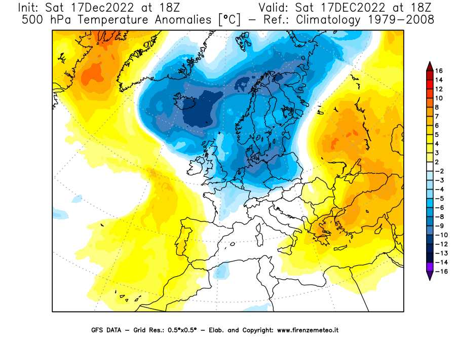 Mappa di analisi GFS - Anomalia Temperatura [°C] a 500 hPa in Europa
							del 17/12/2022 18 <!--googleoff: index-->UTC<!--googleon: index-->