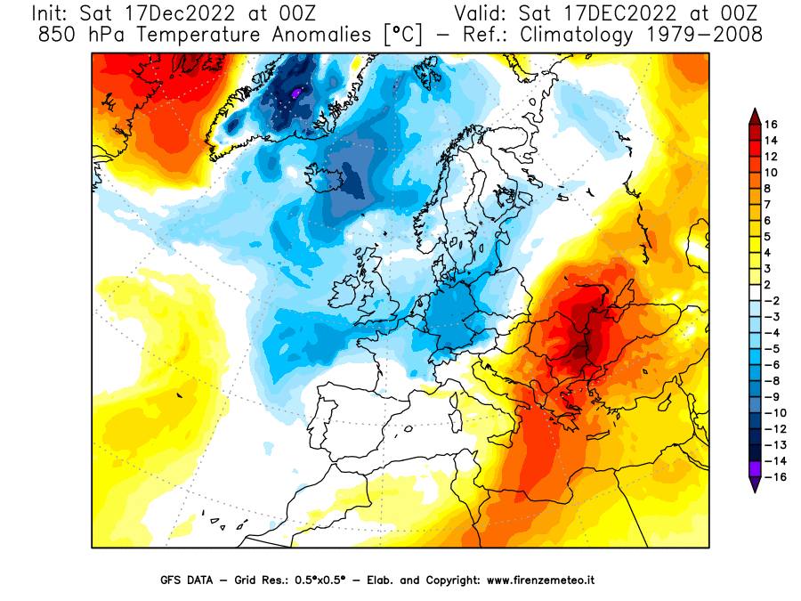 Mappa di analisi GFS - Anomalia Temperatura [°C] a 850 hPa in Europa
							del 17/12/2022 00 <!--googleoff: index-->UTC<!--googleon: index-->