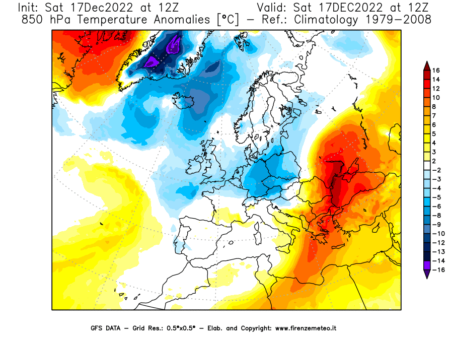 Mappa di analisi GFS - Anomalia Temperatura [°C] a 850 hPa in Europa
							del 17/12/2022 12 <!--googleoff: index-->UTC<!--googleon: index-->