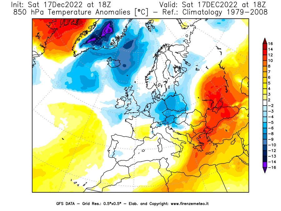 Mappa di analisi GFS - Anomalia Temperatura [°C] a 850 hPa in Europa
							del 17/12/2022 18 <!--googleoff: index-->UTC<!--googleon: index-->
