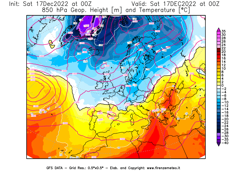 Mappa di analisi GFS - Geopotenziale [m] e Temperatura [°C] a 850 hPa in Europa
							del 17/12/2022 00 <!--googleoff: index-->UTC<!--googleon: index-->