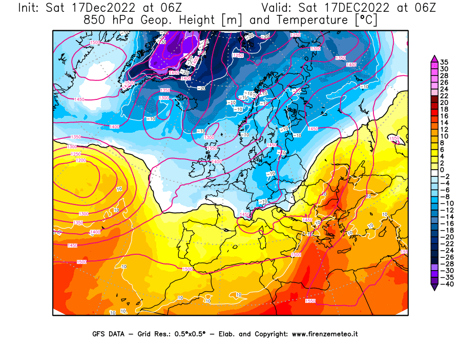 Mappa di analisi GFS - Geopotenziale [m] e Temperatura [°C] a 850 hPa in Europa
							del 17/12/2022 06 <!--googleoff: index-->UTC<!--googleon: index-->