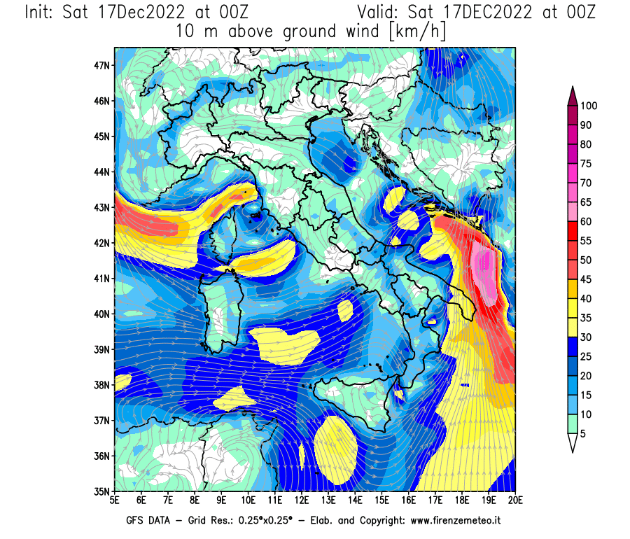 Mappa di analisi GFS - Velocità del vento a 10 metri dal suolo [km/h] in Italia
							del 17/12/2022 00 <!--googleoff: index-->UTC<!--googleon: index-->