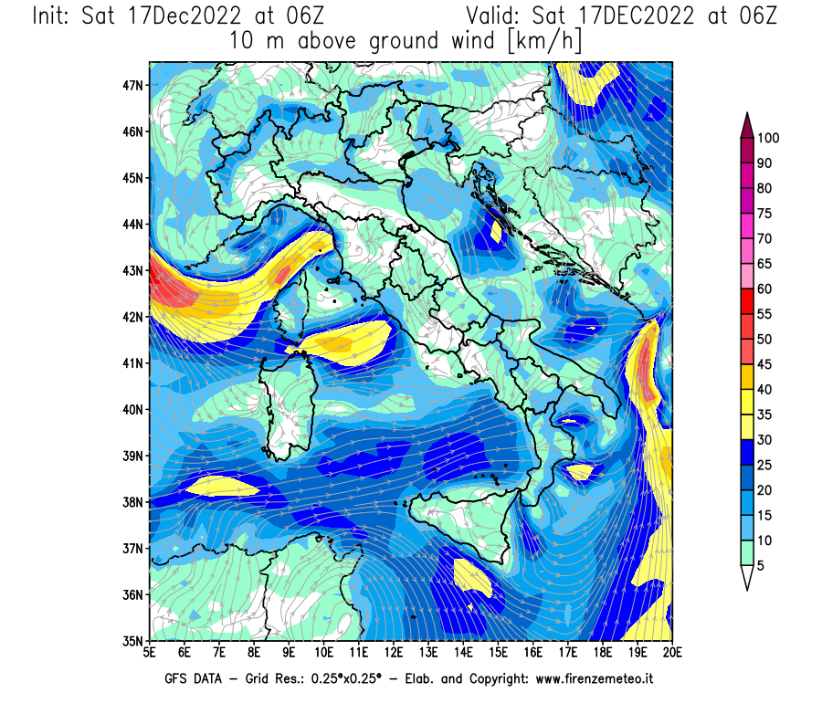 Mappa di analisi GFS - Velocità del vento a 10 metri dal suolo [km/h] in Italia
							del 17/12/2022 06 <!--googleoff: index-->UTC<!--googleon: index-->
