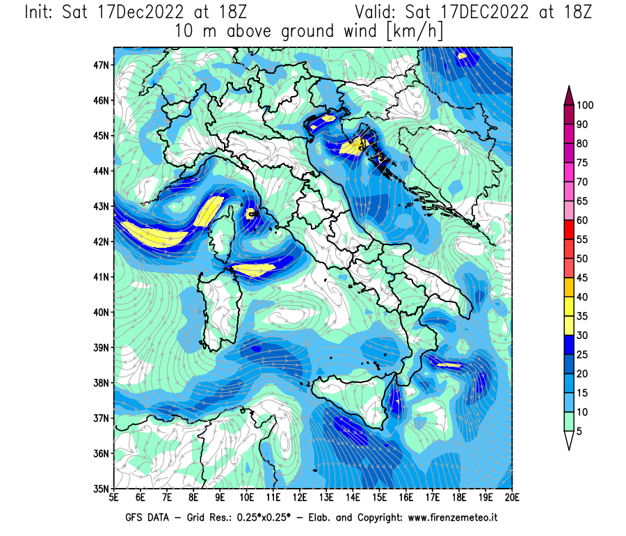 Mappa di analisi GFS - Velocità del vento a 10 metri dal suolo [km/h] in Italia
							del 17/12/2022 18 <!--googleoff: index-->UTC<!--googleon: index-->