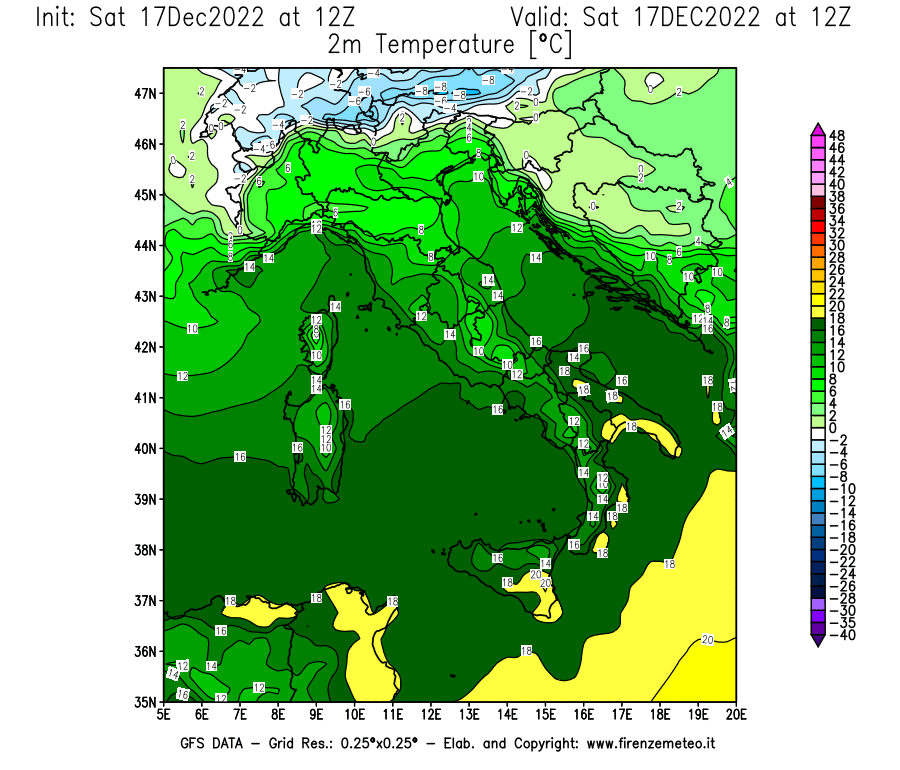 Mappa di analisi GFS - Temperatura a 2 metri dal suolo [°C] in Italia
							del 17/12/2022 12 <!--googleoff: index-->UTC<!--googleon: index-->