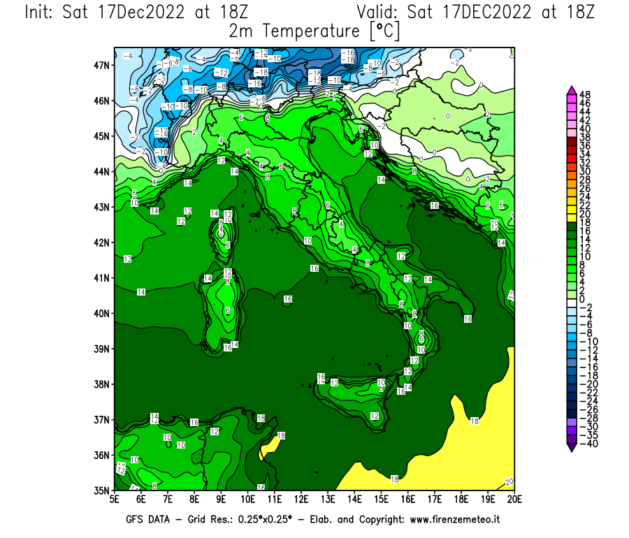 Mappa di analisi GFS - Temperatura a 2 metri dal suolo [°C] in Italia
							del 17/12/2022 18 <!--googleoff: index-->UTC<!--googleon: index-->