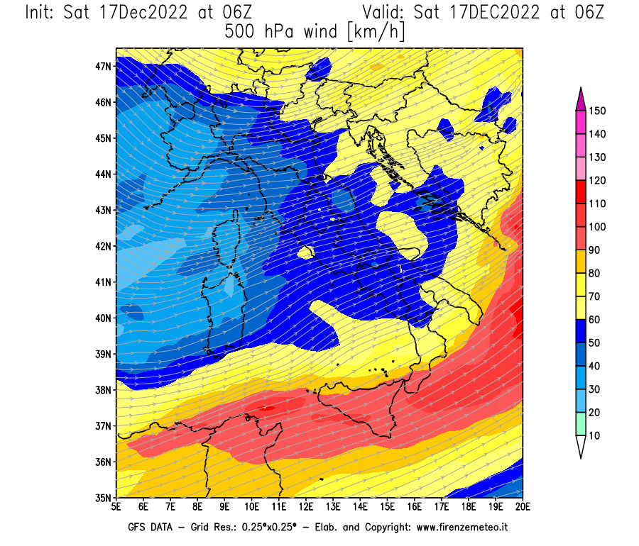 Mappa di analisi GFS - Velocità del vento a 500 hPa [km/h] in Italia
							del 17/12/2022 06 <!--googleoff: index-->UTC<!--googleon: index-->