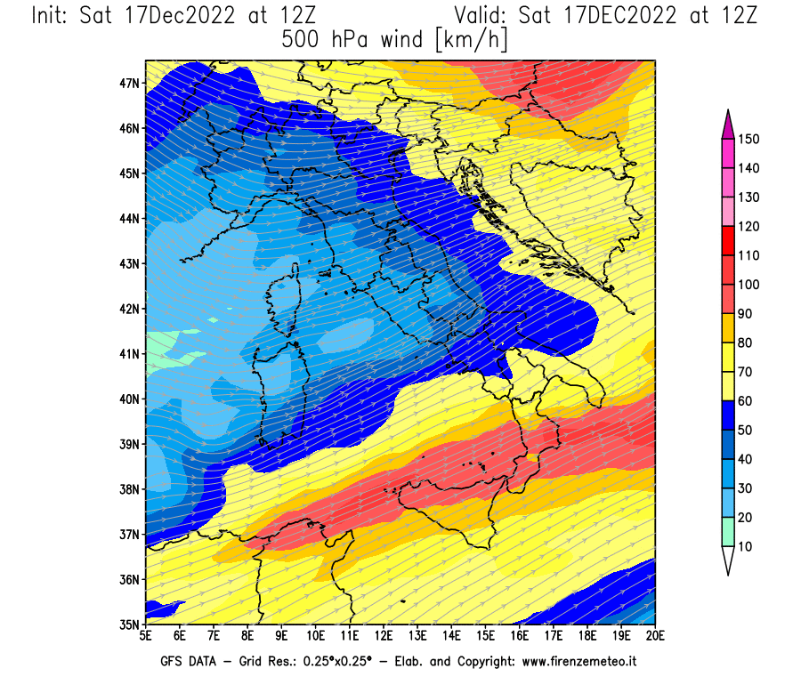 Mappa di analisi GFS - Velocità del vento a 500 hPa [km/h] in Italia
							del 17/12/2022 12 <!--googleoff: index-->UTC<!--googleon: index-->