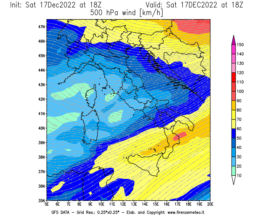 Mappa di analisi GFS - Velocità del vento a 500 hPa [km/h] in Italia
							del 17/12/2022 18 <!--googleoff: index-->UTC<!--googleon: index-->