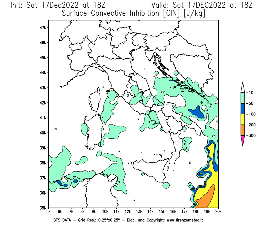 Mappa di analisi GFS - CIN [J/kg] in Italia
							del 17/12/2022 18 <!--googleoff: index-->UTC<!--googleon: index-->