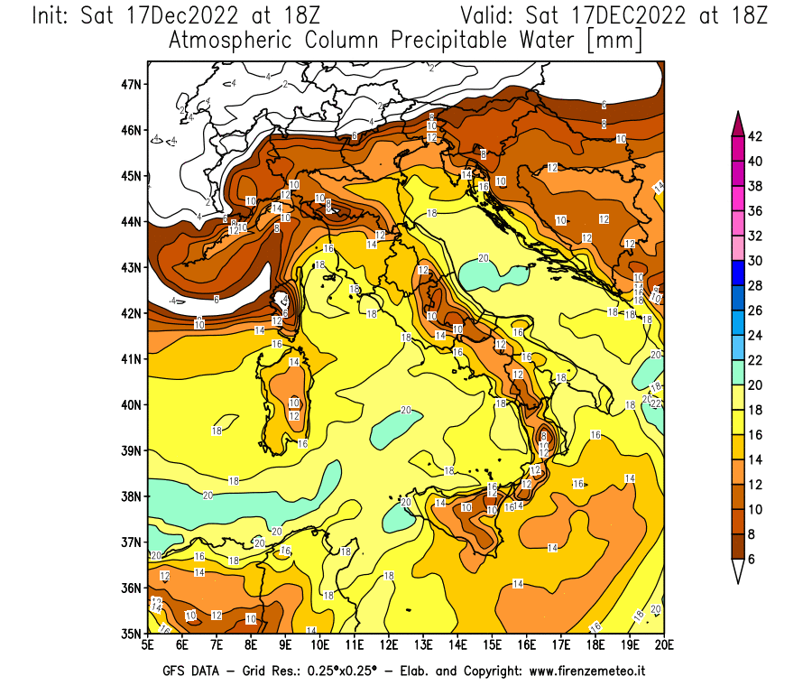 Mappa di analisi GFS - Precipitable Water [mm] in Italia
							del 17/12/2022 18 <!--googleoff: index-->UTC<!--googleon: index-->