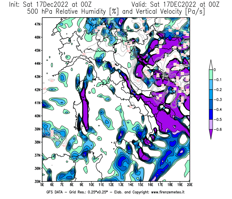 Mappa di analisi GFS - Umidità relativa [%] e Omega [Pa/s] a 500 hPa in Italia
							del 17/12/2022 00 <!--googleoff: index-->UTC<!--googleon: index-->