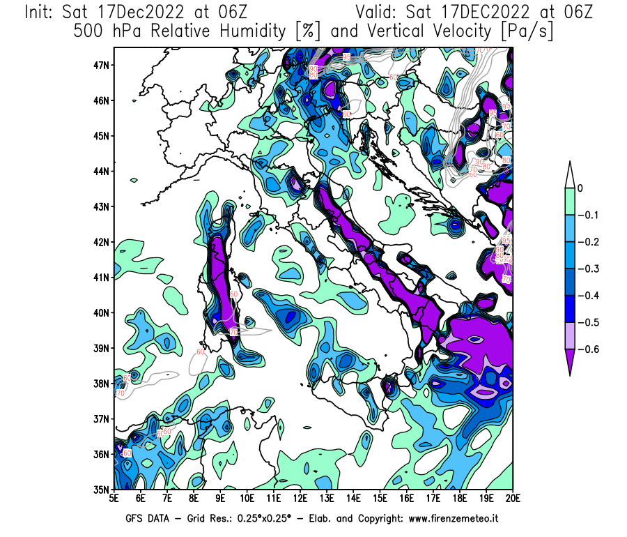 Mappa di analisi GFS - Umidità relativa [%] e Omega [Pa/s] a 500 hPa in Italia
							del 17/12/2022 06 <!--googleoff: index-->UTC<!--googleon: index-->