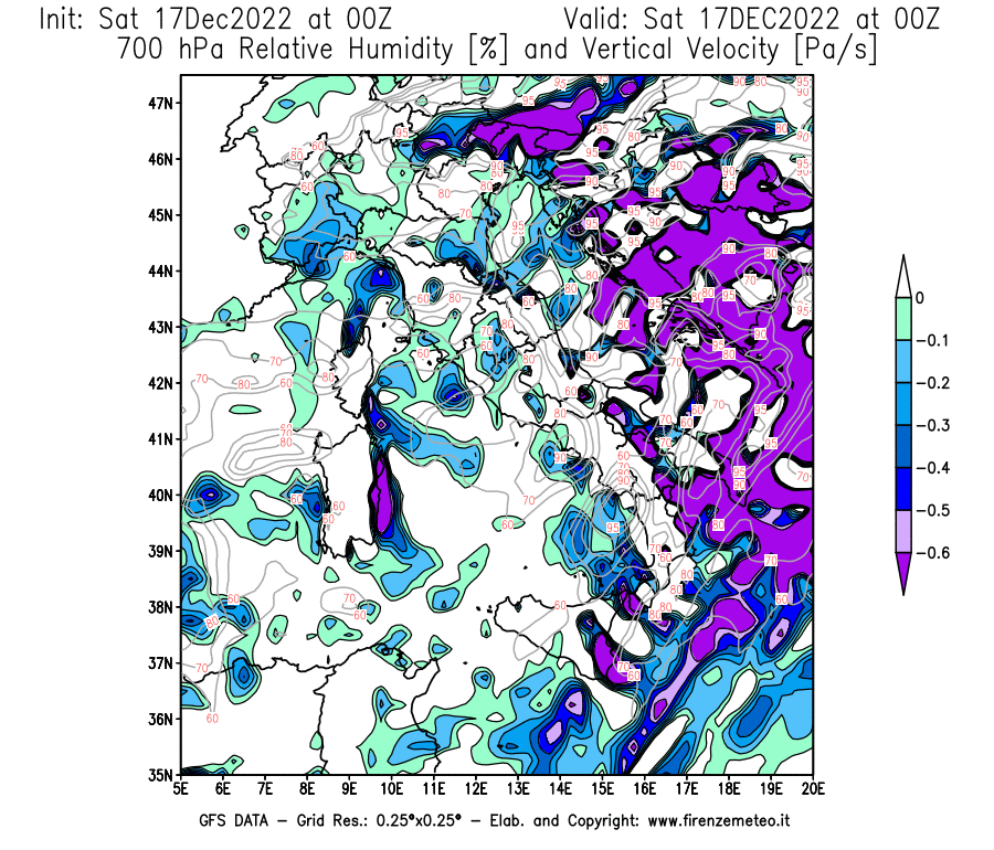 Mappa di analisi GFS - Umidità relativa [%] e Omega [Pa/s] a 700 hPa in Italia
							del 17/12/2022 00 <!--googleoff: index-->UTC<!--googleon: index-->
