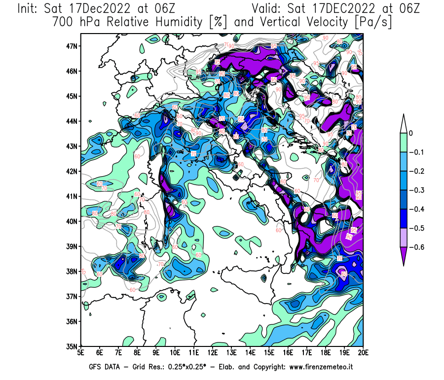 Mappa di analisi GFS - Umidità relativa [%] e Omega [Pa/s] a 700 hPa in Italia
							del 17/12/2022 06 <!--googleoff: index-->UTC<!--googleon: index-->