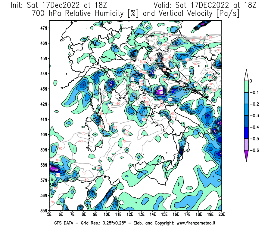 Mappa di analisi GFS - Umidità relativa [%] e Omega [Pa/s] a 700 hPa in Italia
							del 17/12/2022 18 <!--googleoff: index-->UTC<!--googleon: index-->