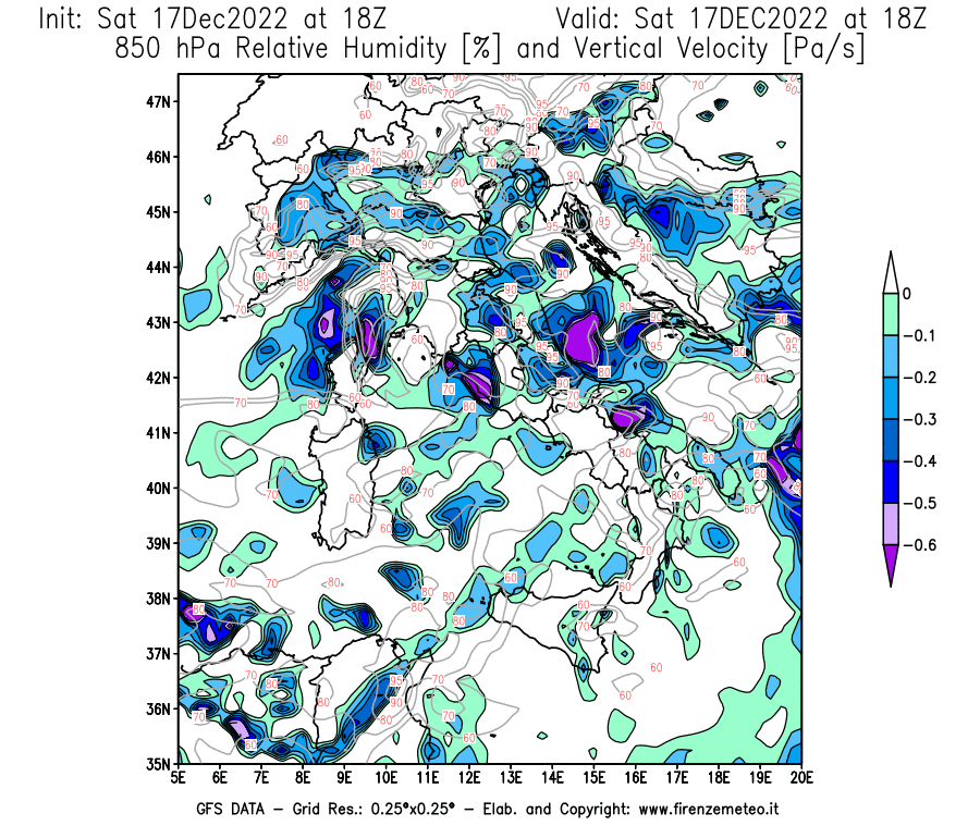 Mappa di analisi GFS - Umidità relativa [%] e Omega [Pa/s] a 850 hPa in Italia
							del 17/12/2022 18 <!--googleoff: index-->UTC<!--googleon: index-->