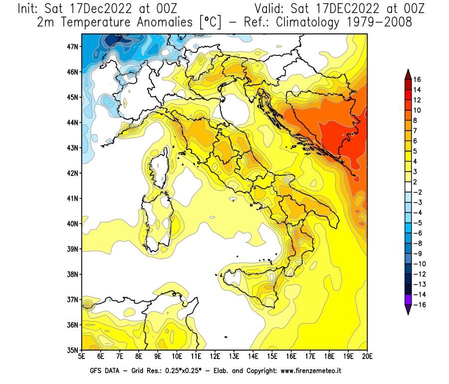 Mappa di analisi GFS - Anomalia Temperatura [°C] a 2 m in Italia
							del 17/12/2022 00 <!--googleoff: index-->UTC<!--googleon: index-->