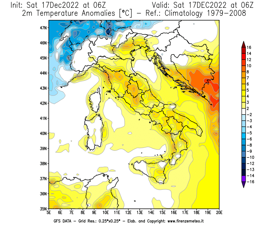 Mappa di analisi GFS - Anomalia Temperatura [°C] a 2 m in Italia
							del 17/12/2022 06 <!--googleoff: index-->UTC<!--googleon: index-->