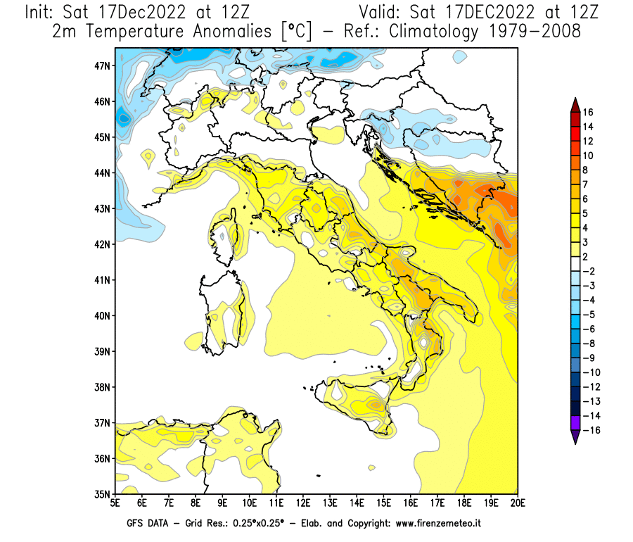 Mappa di analisi GFS - Anomalia Temperatura [°C] a 2 m in Italia
							del 17/12/2022 12 <!--googleoff: index-->UTC<!--googleon: index-->