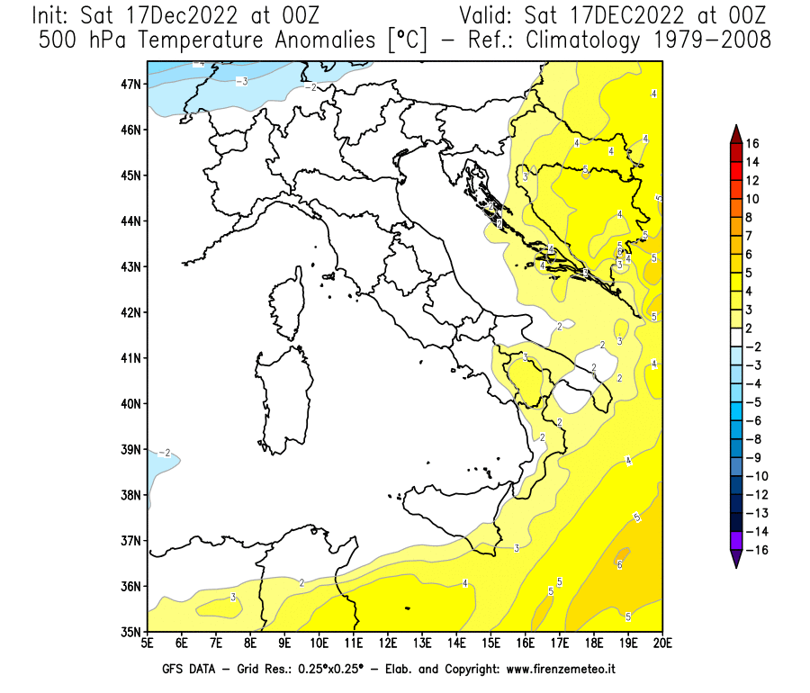 Mappa di analisi GFS - Anomalia Temperatura [°C] a 500 hPa in Italia
							del 17/12/2022 00 <!--googleoff: index-->UTC<!--googleon: index-->