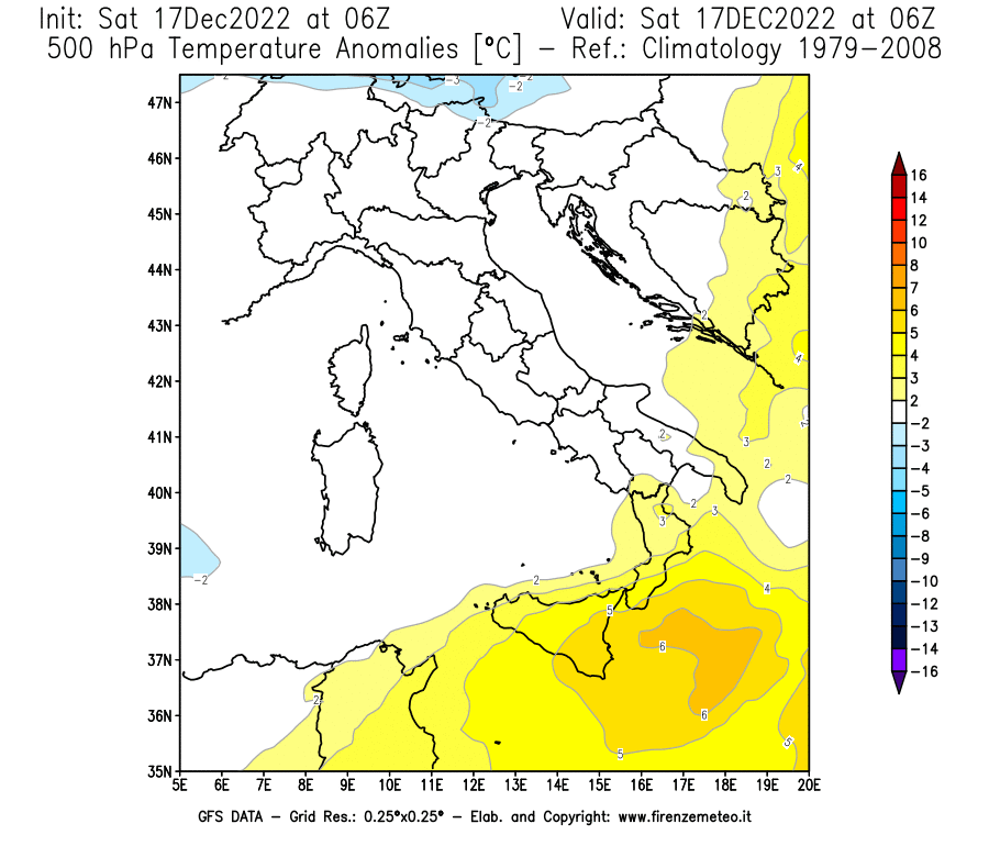 Mappa di analisi GFS - Anomalia Temperatura [°C] a 500 hPa in Italia
							del 17/12/2022 06 <!--googleoff: index-->UTC<!--googleon: index-->