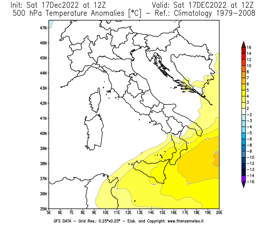 Mappa di analisi GFS - Anomalia Temperatura [°C] a 500 hPa in Italia
							del 17/12/2022 12 <!--googleoff: index-->UTC<!--googleon: index-->