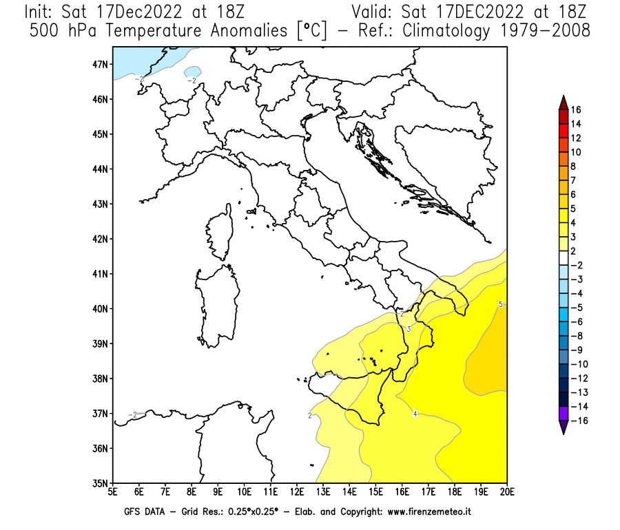 Mappa di analisi GFS - Anomalia Temperatura [°C] a 500 hPa in Italia
							del 17/12/2022 18 <!--googleoff: index-->UTC<!--googleon: index-->