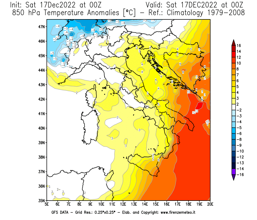 Mappa di analisi GFS - Anomalia Temperatura [°C] a 850 hPa in Italia
							del 17/12/2022 00 <!--googleoff: index-->UTC<!--googleon: index-->