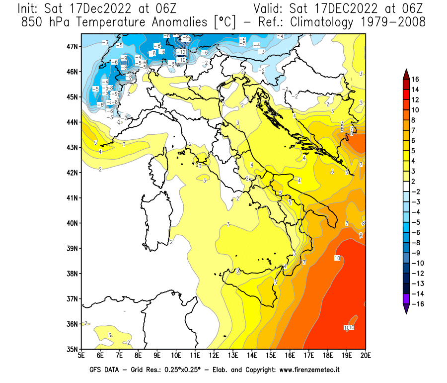 Mappa di analisi GFS - Anomalia Temperatura [°C] a 850 hPa in Italia
							del 17/12/2022 06 <!--googleoff: index-->UTC<!--googleon: index-->