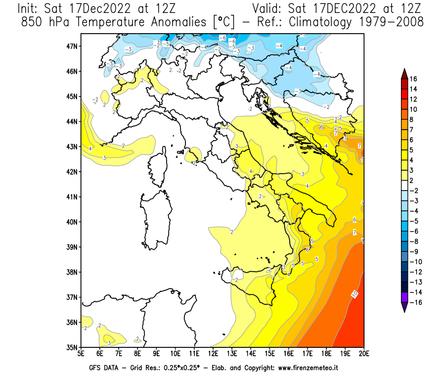 Mappa di analisi GFS - Anomalia Temperatura [°C] a 850 hPa in Italia
							del 17/12/2022 12 <!--googleoff: index-->UTC<!--googleon: index-->